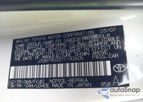 2007 Toyota Yaris z USA, uszkodzony, nr VIN JTDBT903371142605